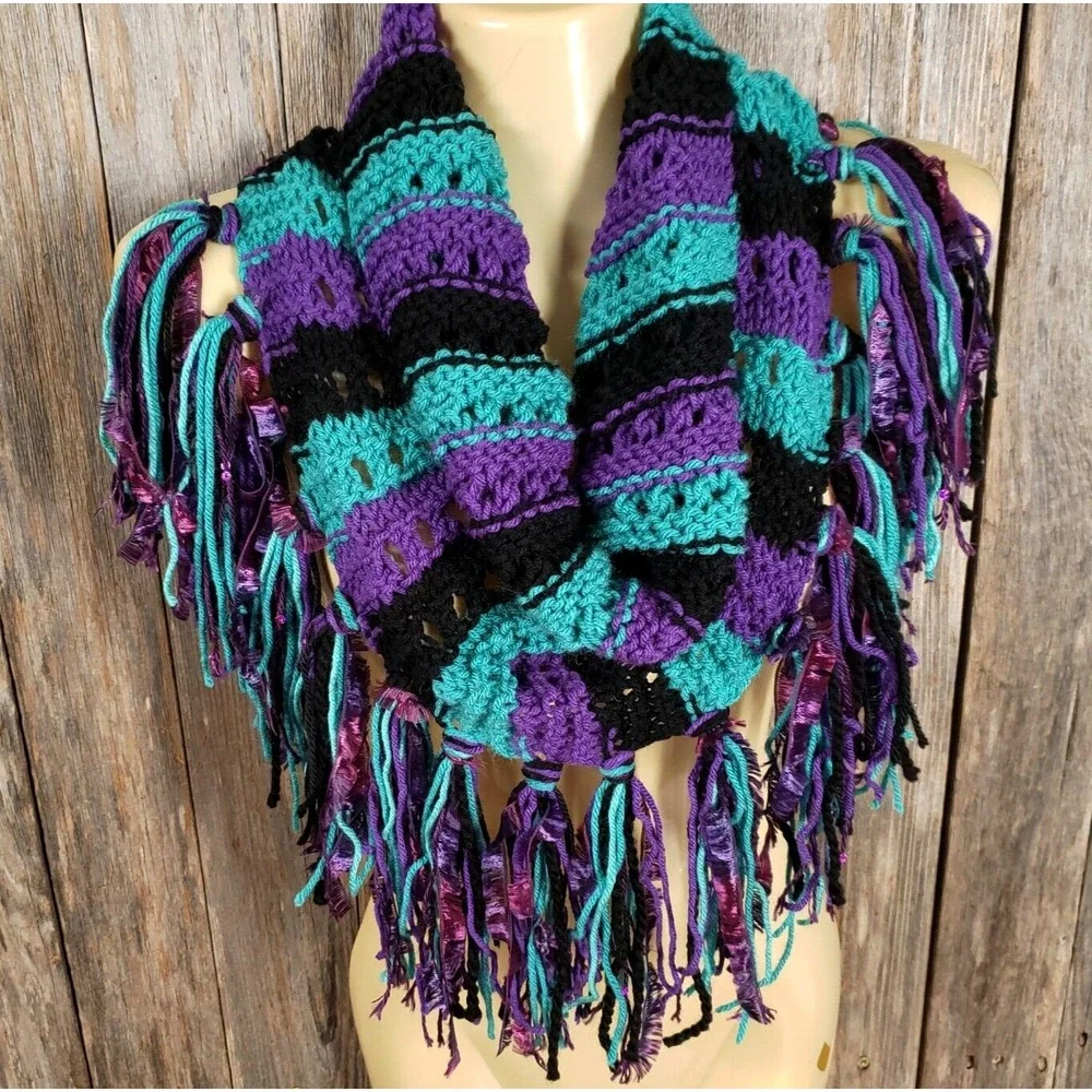 NEW Hand Knitted Purple Black Green Boho Cowl‎ Scarf Indie Festival Art Whimsy